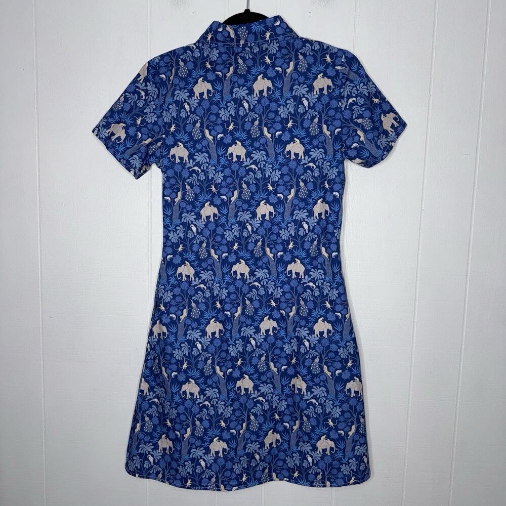 Boozelele Women’s Cotton Shirt Dress Elephant Jungle Print Blue Size Small - Picture 2 of 5